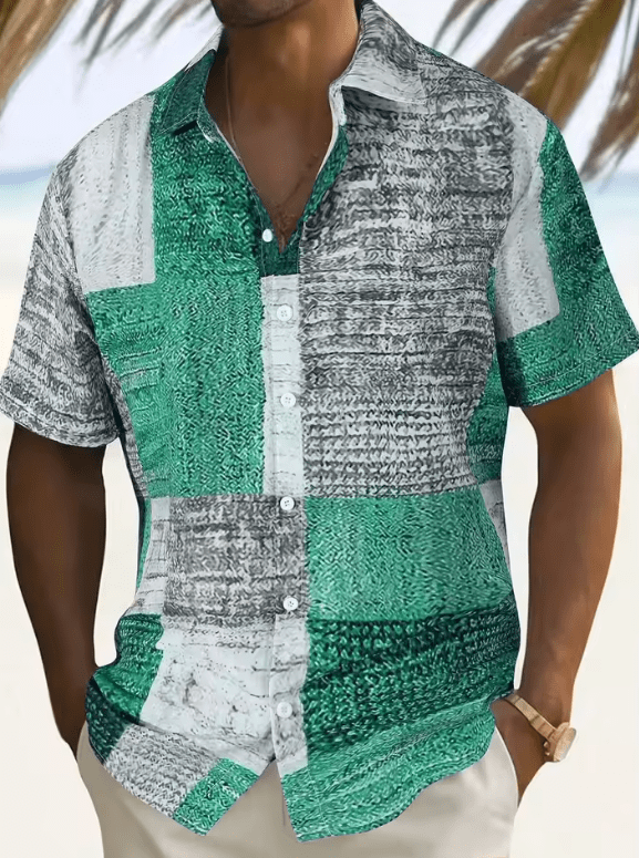 Men’s Casual Patchwork Print Short Sleeve Shirt – Comfortable Cotton Button-Up with Floral Pattern for Spring & Autumn
