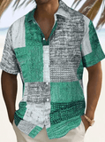 Men’s Casual Patchwork Print Short Sleeve Shirt – Comfortable Cotton Button-Up with Floral Pattern for Spring & Autumn