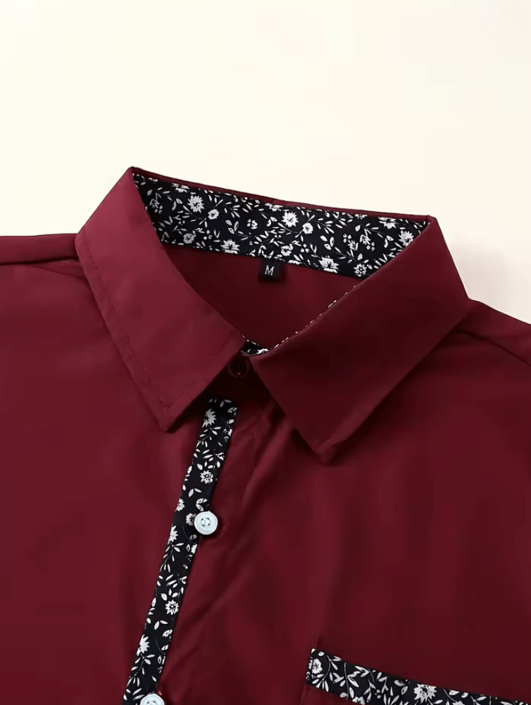 Men’s Long Sleeve Autumn Winter Shirt – Solid Color with Floral Splicing, Casual Fit, Soft Comfortable Fabric, Stylish Printed Design