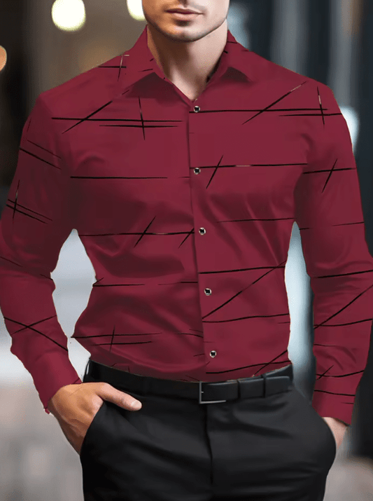 Men’s 3D Geometric Print Long Sleeve Shirt – Modern Business Casual Lapel Shirt, Oversized Fit, Full Sleeve Fashion Top