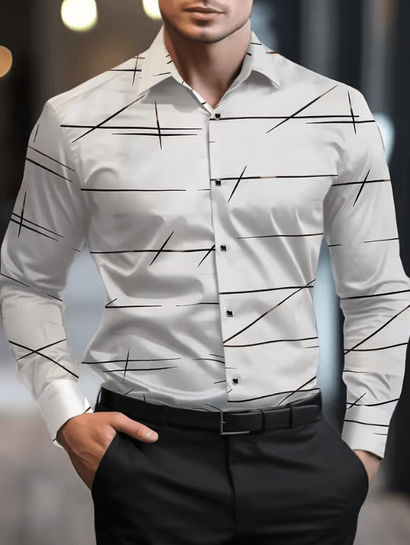 Men’s 3D Geometric Print Long Sleeve Shirt – Modern Business Casual Lapel Shirt, Oversized Fit, Full Sleeve Fashion Top