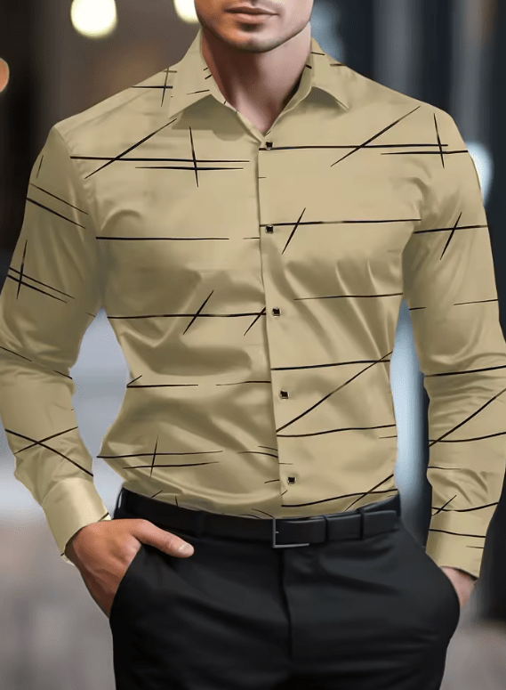 Men’s 3D Geometric Print Long Sleeve Shirt – Modern Business Casual Lapel Shirt, Oversized Fit, Full Sleeve Fashion Top