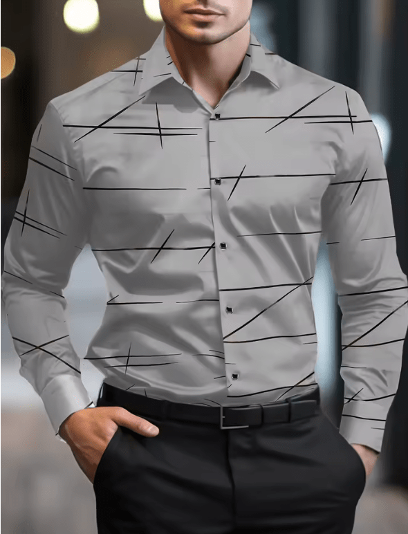 Men’s 3D Geometric Print Long Sleeve Shirt – Modern Business Casual Lapel Shirt, Oversized Fit, Full Sleeve Fashion Top