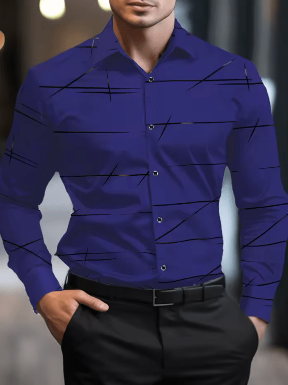 Men’s 3D Geometric Print Long Sleeve Shirt – Modern Business Casual Lapel Shirt, Oversized Fit, Full Sleeve Fashion Top