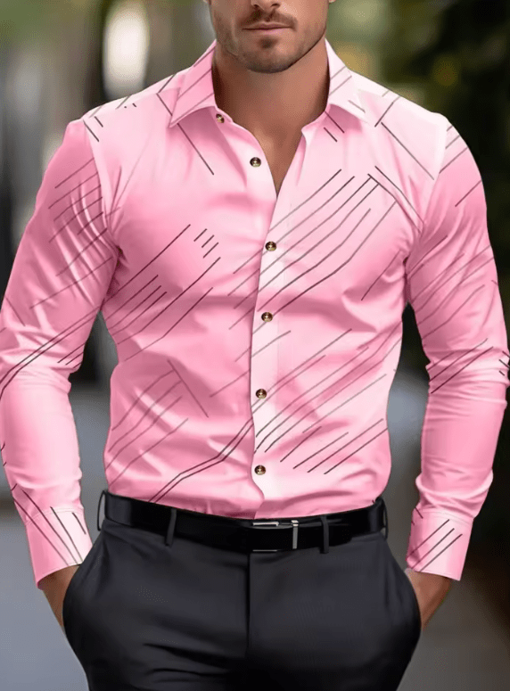 2025 Men’s Casual Suit Shirt – Solid & Striped, Soft Lapel Collar, Comfortable Plus Size Office Top in Pink, Black & White