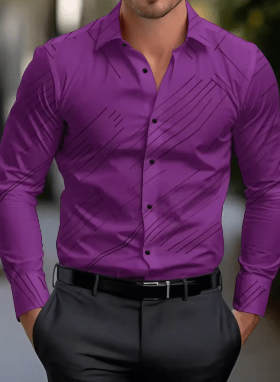 2025 Men’s Casual Suit Shirt – Solid & Striped, Soft Lapel Collar, Comfortable Plus Size Office Top in Pink, Black & White