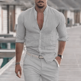 Men’s Cotton Linen Long Sleeve Shirt – Solid Color, Mock Neck, Oversized Fit, Lightweight Fashion Top