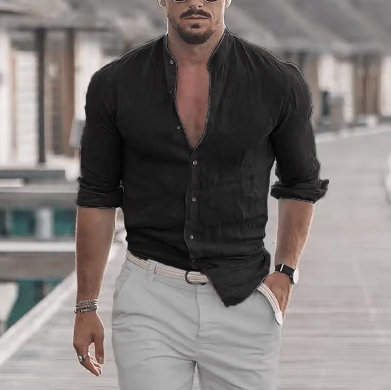 Men’s Cotton Linen Long Sleeve Shirt – Solid Color, Mock Neck, Oversized Fit, Lightweight Fashion Top