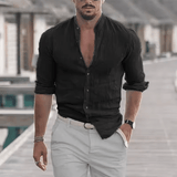 Men’s Cotton Linen Long Sleeve Shirt – Solid Color, Mock Neck, Oversized Fit, Lightweight Fashion Top