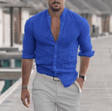 Men’s Cotton Linen Long Sleeve Shirt – Solid Color, Mock Neck, Oversized Fit, Lightweight Fashion Top
