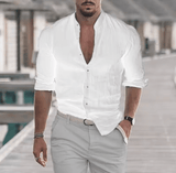 Men’s Cotton Linen Long Sleeve Shirt – Solid Color, Mock Neck, Oversized Fit, Lightweight Fashion Top