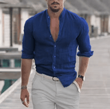 Men’s Cotton Linen Long Sleeve Shirt – Solid Color, Mock Neck, Oversized Fit, Lightweight Fashion Top