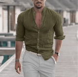 Men’s Cotton Linen Long Sleeve Shirt – Solid Color, Mock Neck, Oversized Fit, Lightweight Fashion Top