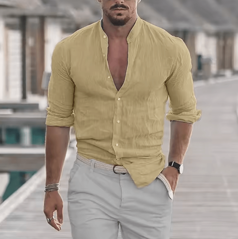 Men’s Cotton Linen Long Sleeve Shirt – Solid Color, Mock Neck, Oversized Fit, Lightweight Fashion Top