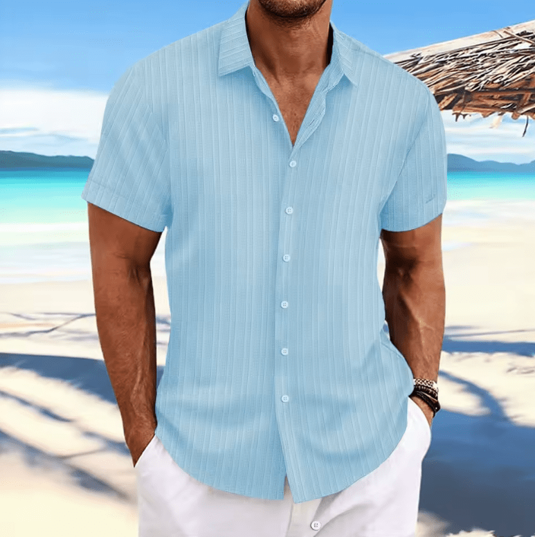 2025 Men’s Striped Jacquard Hawaiian Shirt – Casual Multicolor Short Sleeve, Soft Lapel, Comfortable Loose Fit Fashion Top