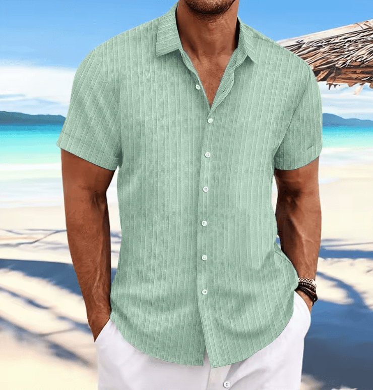 2025 Men’s Striped Jacquard Hawaiian Shirt – Casual Multicolor Short Sleeve, Soft Lapel, Comfortable Loose Fit Fashion Top
