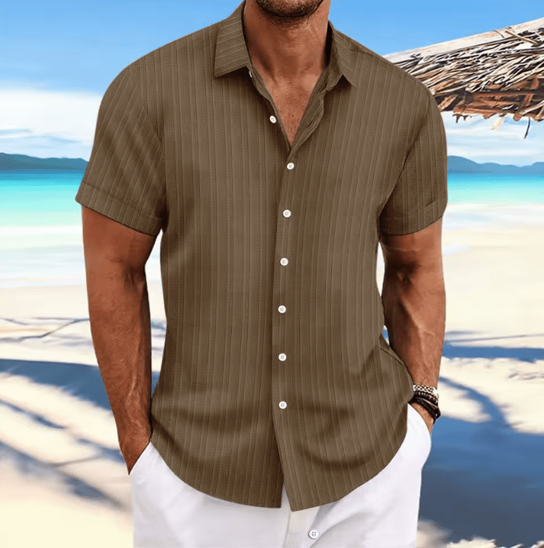 2025 Men’s Striped Jacquard Hawaiian Shirt – Casual Multicolor Short Sleeve, Soft Lapel, Comfortable Loose Fit Fashion Top