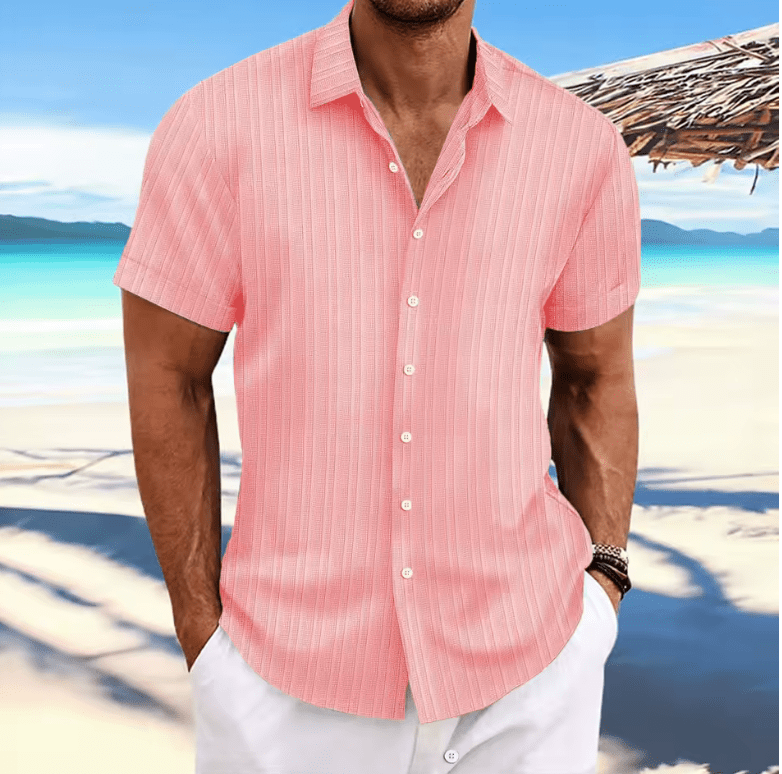 2025 Men’s Striped Jacquard Hawaiian Shirt – Casual Multicolor Short Sleeve, Soft Lapel, Comfortable Loose Fit Fashion Top