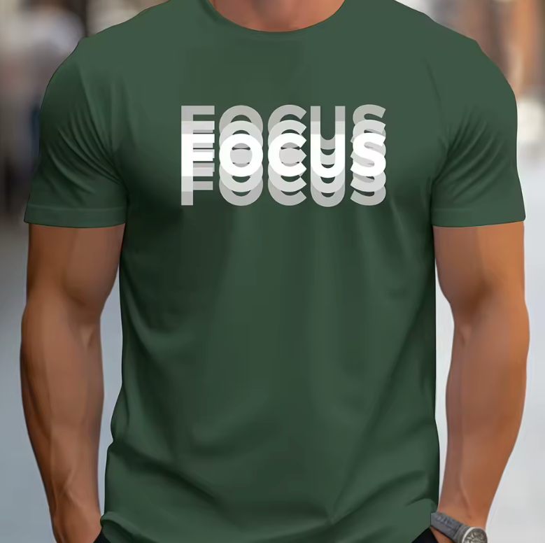 Men’s Focus Print T-Shirt – 100% Cotton Oversized Loose Fit Casual Sports Tee, Round Neck Short Sleeve Top