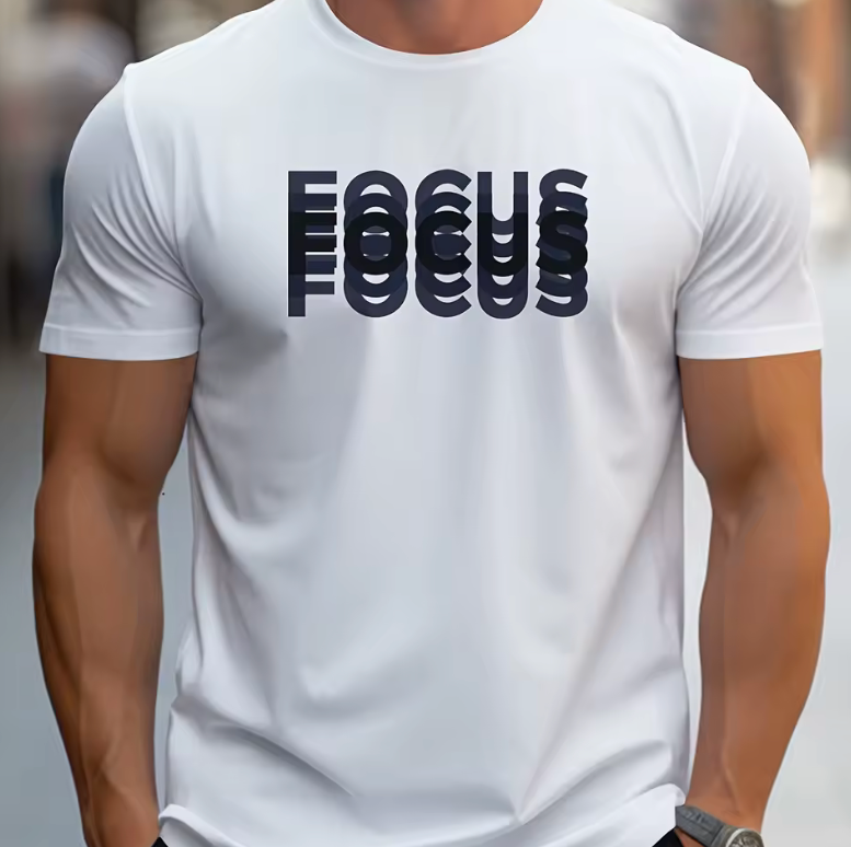 Men’s Focus Print T-Shirt – 100% Cotton Oversized Loose Fit Casual Sports Tee, Round Neck Short Sleeve Top