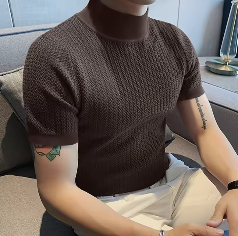 Men’s Summer Knitted High Neck T-Shirt – Solid Color Ripple Texture Tee, Casual European Style Base Layer Top