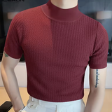 Men’s Summer Knitted High Neck T-Shirt – Solid Color Ripple Texture Tee, Casual European Style Base Layer Top