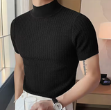 Men’s Summer Knitted High Neck T-Shirt – Solid Color Ripple Texture Tee, Casual European Style Base Layer Top