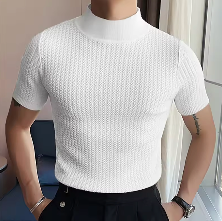 Men’s Summer Knitted High Neck T-Shirt – Solid Color Ripple Texture Tee, Casual European Style Base Layer Top