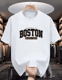 2025 Men’s Boston Print T-Shirt – Casual Round Neck Summer Tee, Short Sleeve, Slight Stretch Jersey Fabric, Lightweight Sports Style