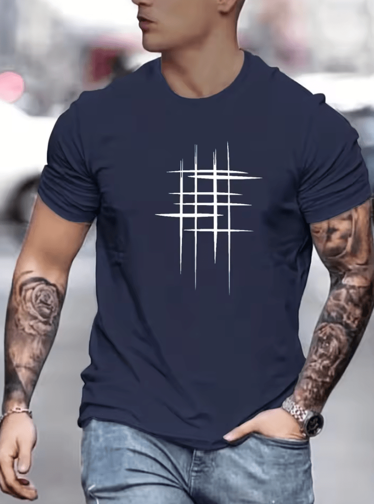 Men’s 100% Cotton Graphic Line Print T-Shirt – Loose Fit Summer Short Sleeve Tee, Round Neck Casual Top for Everyday Comfort