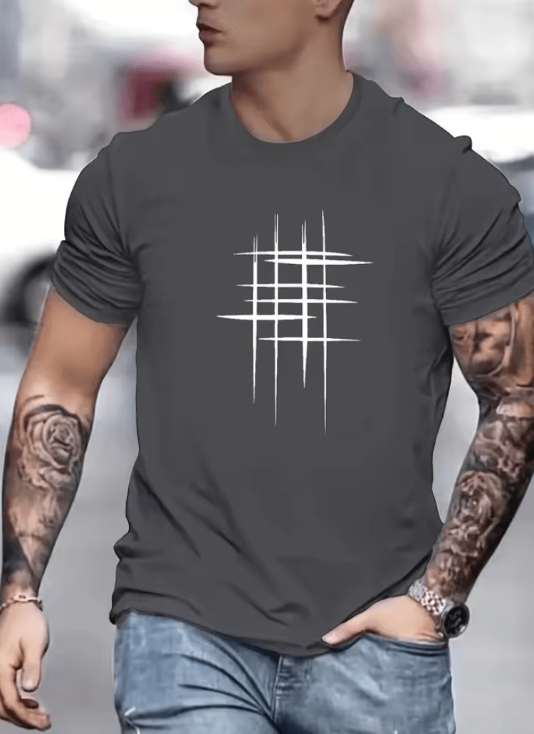 Men’s 100% Cotton Graphic Line Print T-Shirt – Loose Fit Summer Short Sleeve Tee, Round Neck Casual Top for Everyday Comfort