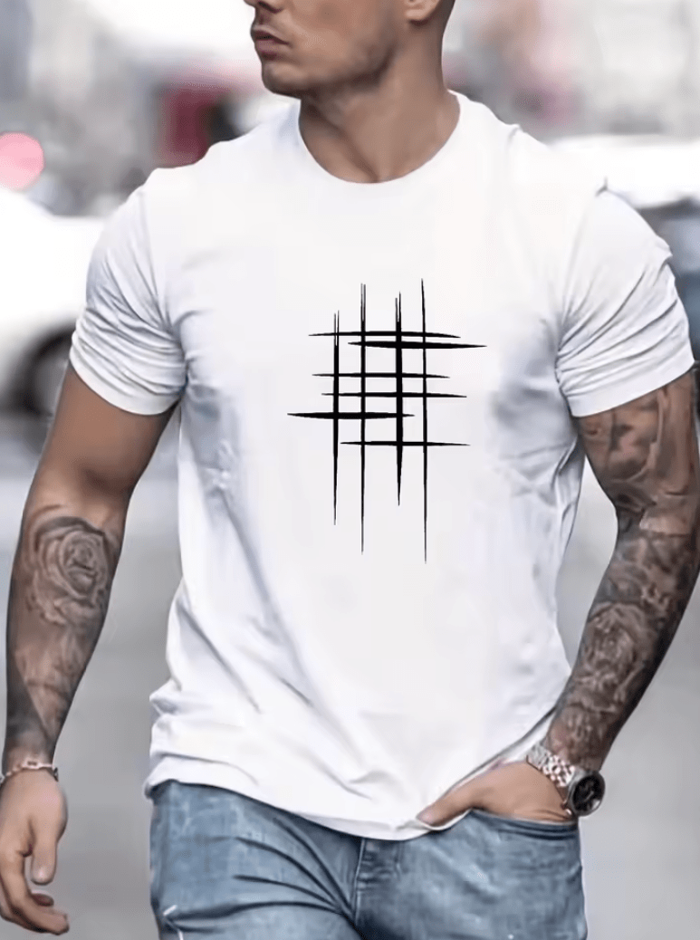Men’s 100% Cotton Graphic Line Print T-Shirt – Loose Fit Summer Short Sleeve Tee, Round Neck Casual Top for Everyday Comfort
