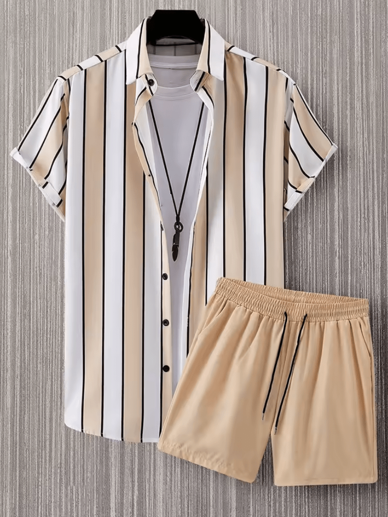 2025 Men’s Hawaii Beach Casual Suit – Single Breasted Short Sleeve Shirt & Striped Shorts, Summer Vacation Travel Set