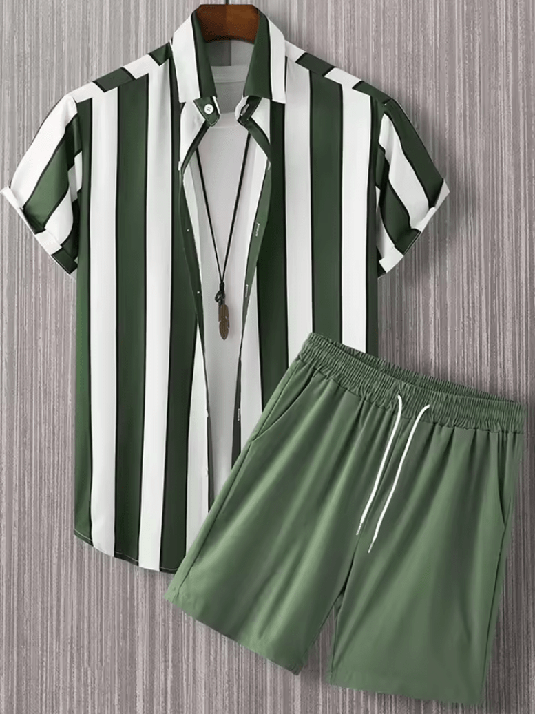 2025 Men’s Hawaii Beach Casual Suit – Single Breasted Short Sleeve Shirt & Striped Shorts, Summer Vacation Travel Set