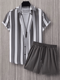 2025 Men’s Hawaii Beach Casual Suit – Single Breasted Short Sleeve Shirt & Striped Shorts, Summer Vacation Travel Set