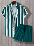 2025 Men’s Hawaii Beach Casual Suit – Single Breasted Short Sleeve Shirt & Striped Shorts, Summer Vacation Travel Set