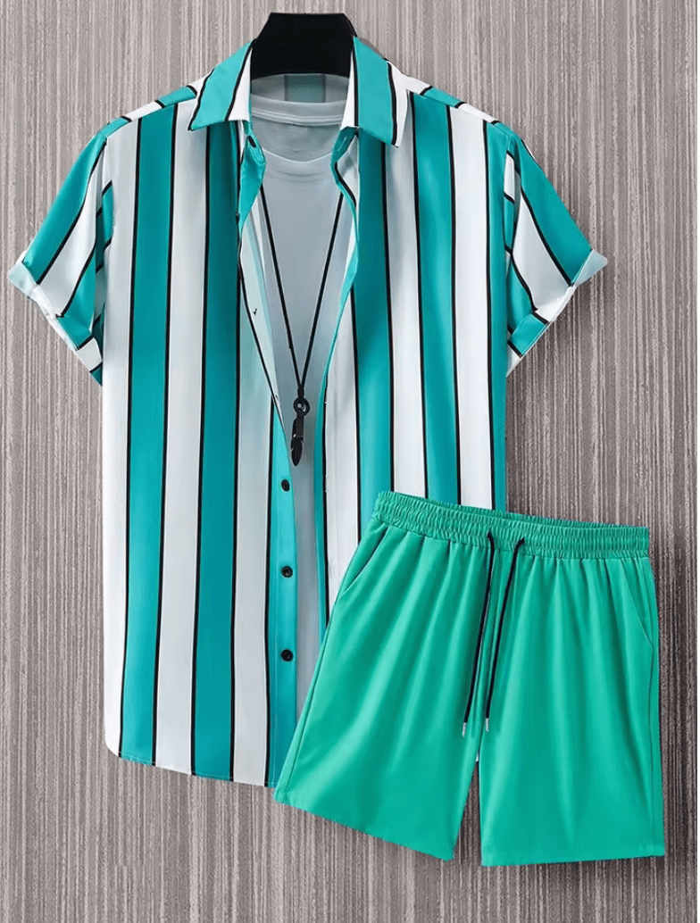 2025 Men’s Hawaii Beach Casual Suit – Single Breasted Short Sleeve Shirt & Striped Shorts, Summer Vacation Travel Set