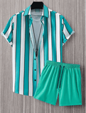 2025 Men’s Hawaii Beach Casual Suit – Single Breasted Short Sleeve Shirt & Striped Shorts, Summer Vacation Travel Set