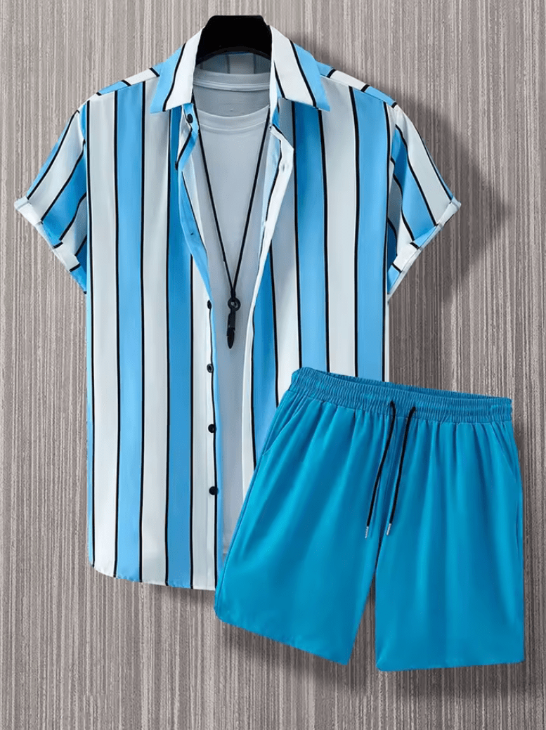 2025 Men’s Hawaii Beach Casual Suit – Single Breasted Short Sleeve Shirt & Striped Shorts, Summer Vacation Travel Set