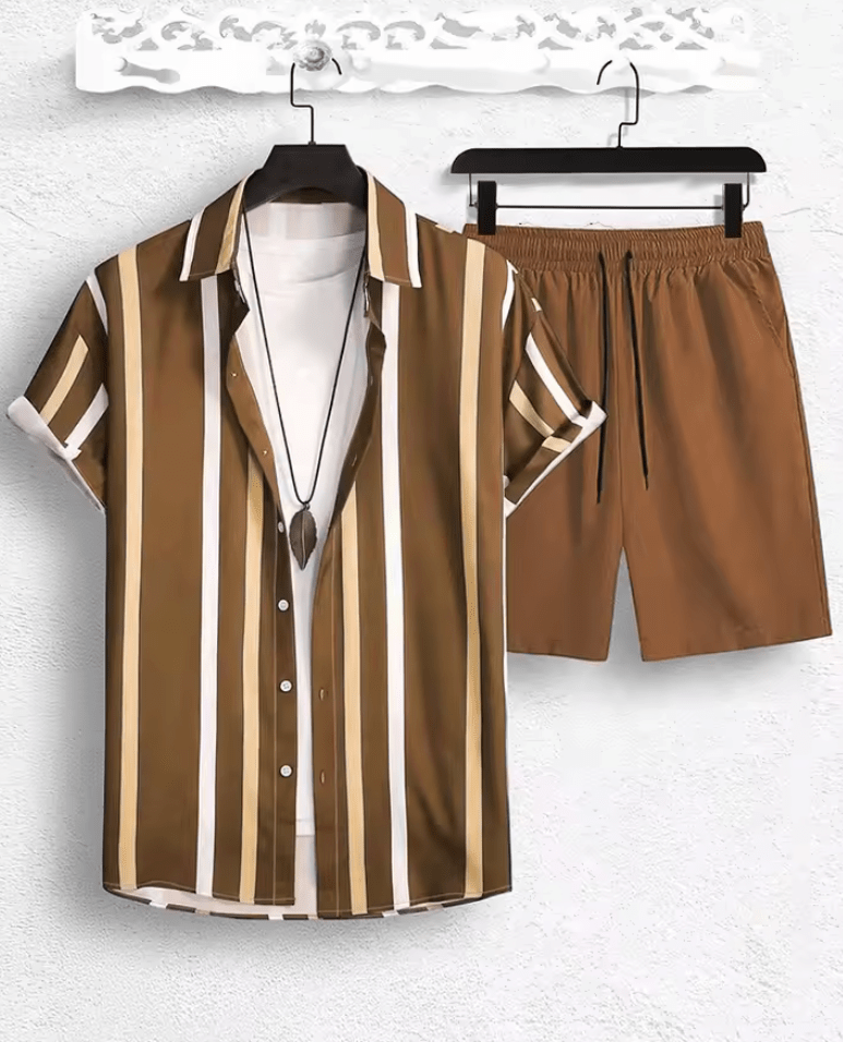 2025 Men’s Hawaii Beach Casual Suit – Single Breasted Short Sleeve Shirt & Striped Shorts, Summer Vacation Travel Set