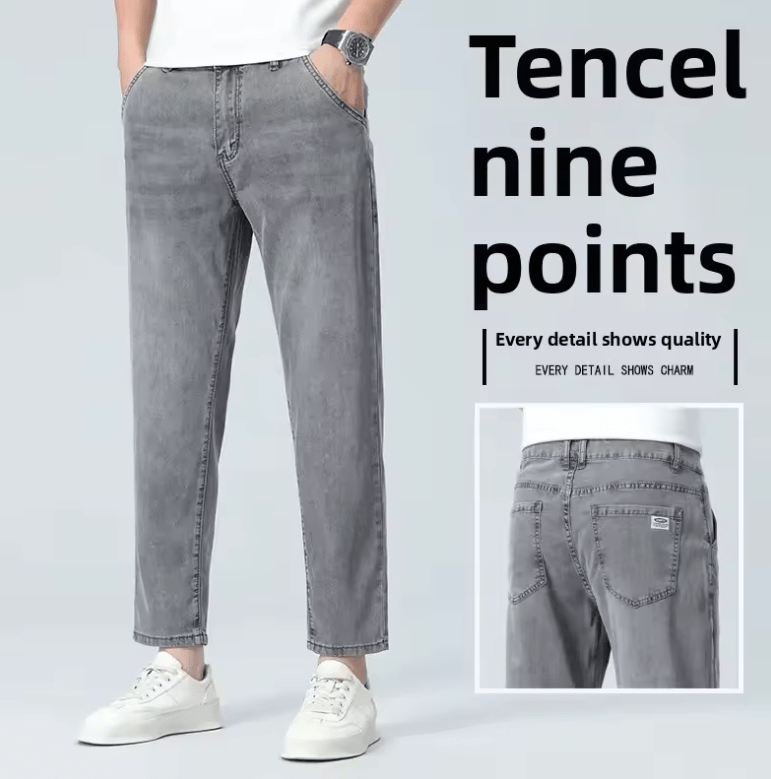 Men’s Slim Fit Lyocell Jeans – Summer Lightweight Elastic Stretch Pants, Breathable Thin Straight Leg Nine-Point Casual Trousers