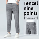 Men’s Slim Fit Lyocell Jeans – Summer Lightweight Elastic Stretch Pants, Breathable Thin Straight Leg Nine-Point Casual Trousers