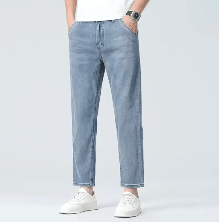 Men’s Slim Fit Lyocell Jeans – Summer Lightweight Elastic Stretch Pants, Breathable Thin Straight Leg Nine-Point Casual Trousers