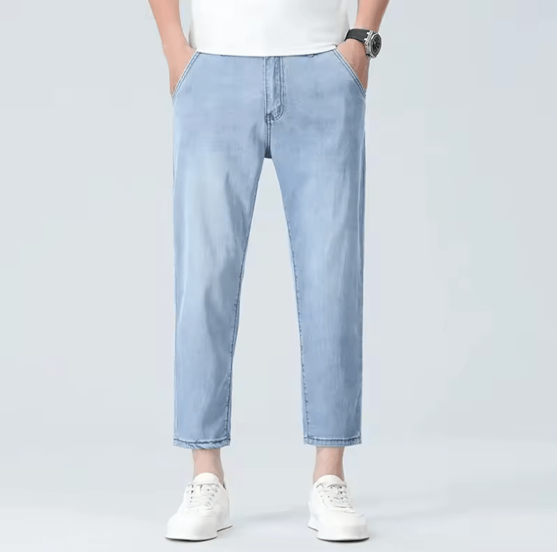 Men’s Slim Fit Lyocell Jeans – Summer Lightweight Elastic Stretch Pants, Breathable Thin Straight Leg Nine-Point Casual Trousers