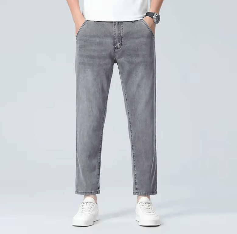 Men’s Slim Fit Lyocell Jeans – Summer Lightweight Elastic Stretch Pants, Breathable Thin Straight Leg Nine-Point Casual Trousers