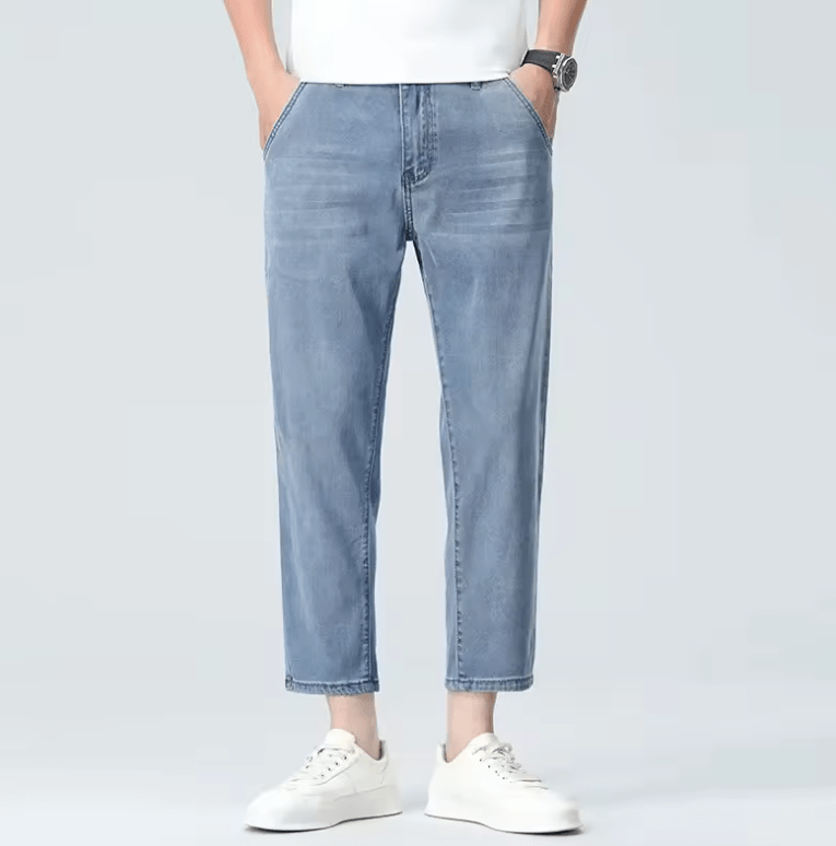 Men’s Slim Fit Lyocell Jeans – Summer Lightweight Elastic Stretch Pants, Breathable Thin Straight Leg Nine-Point Casual Trousers