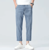 Men’s Slim Fit Lyocell Jeans – Summer Lightweight Elastic Stretch Pants, Breathable Thin Straight Leg Nine-Point Casual Trousers