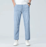 Men’s Slim Fit Lyocell Jeans – Summer Lightweight Elastic Stretch Pants, Breathable Thin Straight Leg Nine-Point Casual Trousers