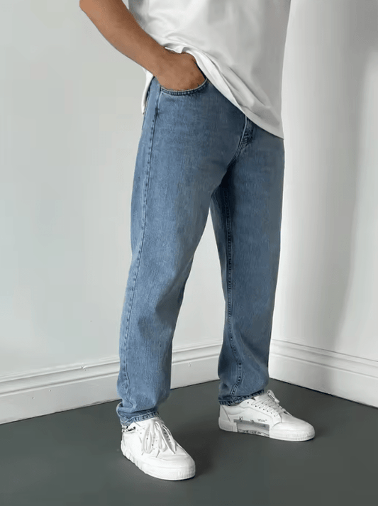 Men’s Loose Fit Denim Jeans – Simple Streetwear Style, Solid Color Splicing, Casual Straight Leg Pants with Pockets, All-Season Trousers