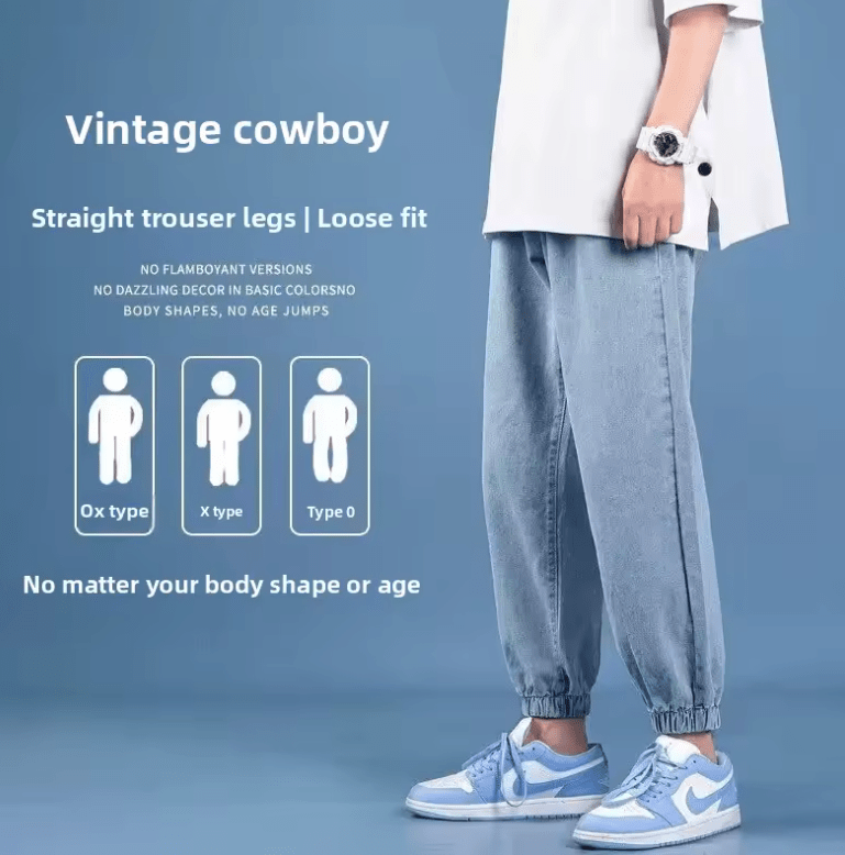 Men’s Casual Mid-High Waist Jeans – Elastic Waist, Washed Vintage Loose Fit, Cuffed Nine-Point Pants for Teens & Adults
